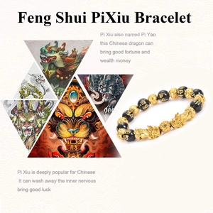 Feng Shui PiXiu Bracelet featuring black mantra beads and golden protective charms