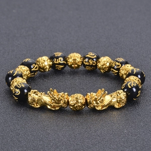 Obsidian style bead bracelet with golden Pixiu and Six-Syllable Mantra engraving