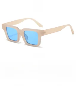 Three-angle view of vintage square sunglasses with beige matte frames and blue lenses