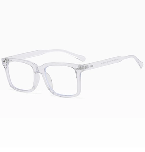 Detailansicht der transparenten eckigen Brille mit Größenangabe 51-18-142 und CE-Zeichen