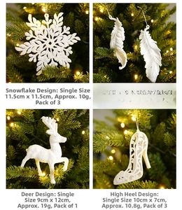 White glittery snowflake, feather, and reindeer ornaments for Christmas tree decor
