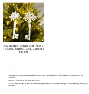 White glitter key Christmas tree ornaments with hollow patterns and gold cords set of 2