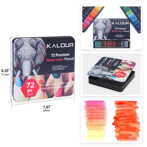 Detail view of 72 watercolor pencil set in iron box with dimensions and color gradients
