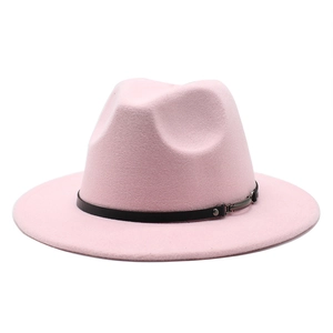 Elegant light pink wide brim wool fedora hat with black leather band for men and women