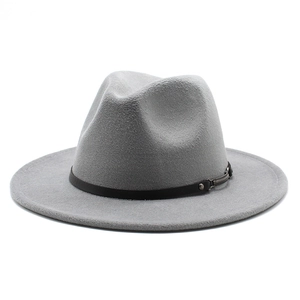 Classic grey wool fedora hat with flat brim and black leather band with metal buckle