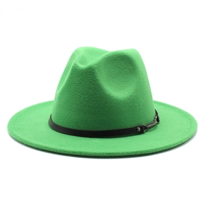Detail of bright green wool felt fedora with black leather band and silver metal buckle