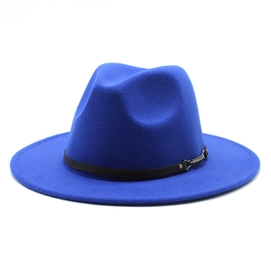 Detail of royal blue wool fedora with flat wide brim and leather band with metal buckle