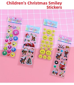 Detailed set of 4 3D puff stickers featuring cute Santa Claus and colorful smile faces