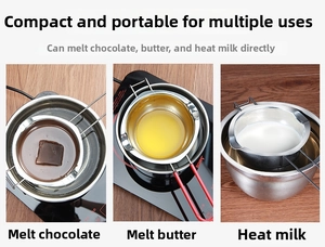 Close-up of stainless steel melting pot with pouring spout for chocolate and butter baking