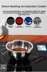 304 stainless steel melting pot for chocolate on induction stove with red silicone handle