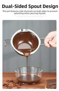 Macro detail of SUS304 stainless steel melting pot pouring liquid chocolate smoothly