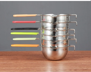 Stack of 304 stainless steel melting pots with colorful heat-resistant long handles