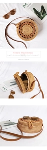 Dettaglio borsa tonda Bali in rattan con fibbia a fiocco, diametro 20cm e tracolla