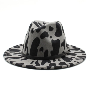 Cow pattern wool fedora hat with black leather band and metal buckle for men and women