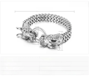 Macro detail of men's stainless steel dragon head bracelet with casting process specs