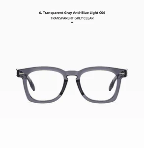 Macro detail of transparent grey C06 sunglasses frame with anti-blue light clear lens