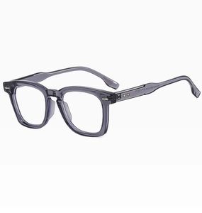 Detail view of transparent grey square frame glasses showing side metal rivet and model text