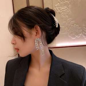 Detail of silver needle full diamond fringe earrings with elegant pearl hair clip