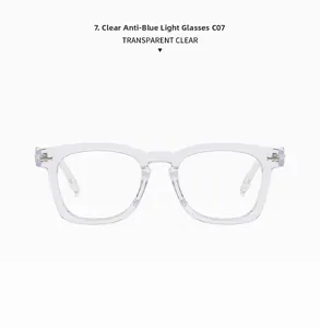 Detail view of transparent C07 square frames with anti-blue light clear lens technology
