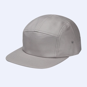 Detailed side view of a gray 5-panel cotton camper hat with flat brim and twill texture