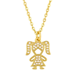 Gold girl pendant necklace with micro-paved cubic zirconia and elegant cable chain