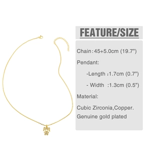 Macro view of gold-plated girl pendant with cubic zirconia and specific size labels