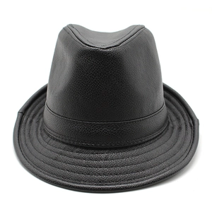 Classic black PU leather fedora hat with textured finish and decorative band for men