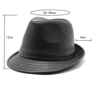 Classic black PU leather fedora hat with dimensions 56-58cm brim height 13cm and width 4cm