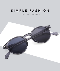 Detailed macro view of translucent grey frame and silver rivets on round sunglasses