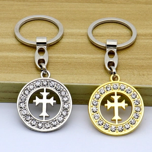 Jerusalem Cross Keychain Pendant Zinc Alloy Rhinestone Inlaid Round Hollow Religious Bag Charm Car Hanging Decoration