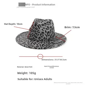 Detailed size specifications for leopard print felt fedora with 7.5cm brim dimensions