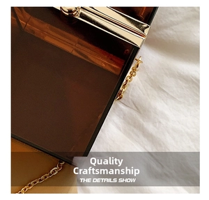 Detail of amber acrylic box bag with polished gold metal hardware and delicate chain