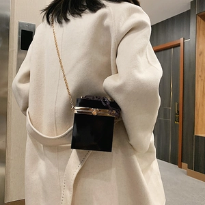 Chic black acrylic cube evening bag with gold chain strap shown on model in corridor