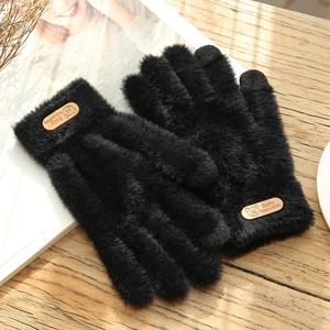 Winter thermal touch screen knit gloves for women in black with faux mink fur texture