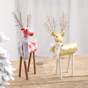 Christmas Reindeer Figurine Standing Buffalo Plaid Fabric Sequin Reindeer Statue Tabletop Holiday Decor Home Ornament