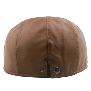 Rear view of brown leather flat cap with adjustable metal buckle and stitching details