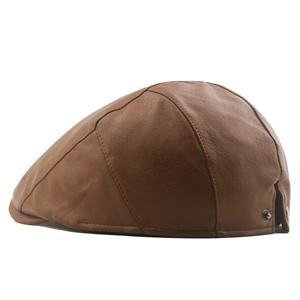 Classic British style dark brown leather flat cap with retro stitched panels and texture