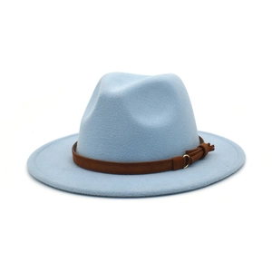 Close-up of light blue fedora hat with brown leather band and gold tassel detail