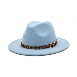Detail of light blue wool fedora featuring leopard print band and gold buckle