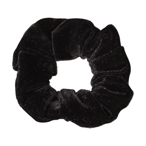 Black velvet hair scrunchie, minimalist solid color elastic hair tie pony tail fashion accessory.