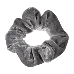 Grey velvet hair scrunchie for women and girls, minimalist solid color pony tail holder.
