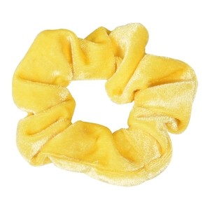 Detailed close-up of yellow velvet hair scrunchie, soft texture hair tie for daily hairstyles.