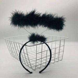 Detail of fluffy black feather angel halo headband with durable support frame for parties