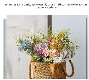 Close-up of colorful artificial daisies in a hand-woven wicker basket for home decor