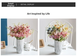 Detail of pink and colorful silk daisy bouquets in a white marble textured ceramic vase