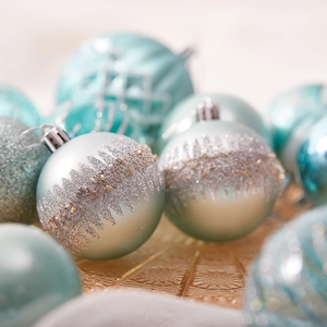Blue and mint green 6cm Christmas balls with glitter snow tree patterns and silver rings