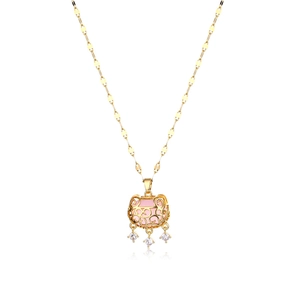 Golden titanium steel chain necklace with pink hollowed-out lock pendant and small gems