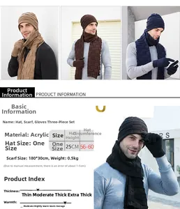 Detail view of the winter knit set including hat, scarf, and gloves with specifications.