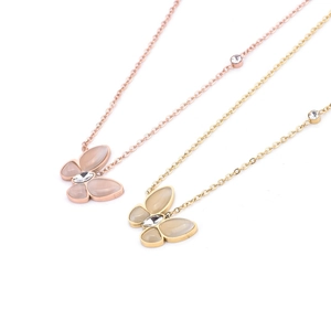 Butterfly Pendant Necklace Stainless Steel With Cat Eye Stone And Zircon Elegant Korean Style For Women Rose Gold