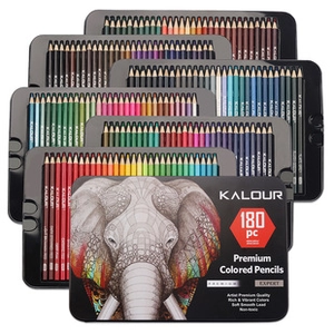 Detailed view of 180-piece premium colored pencil set in metal box with tiered trays